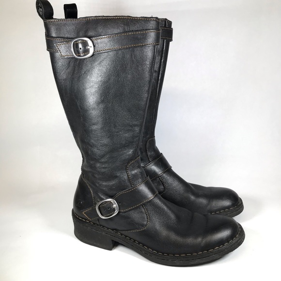 Womens ladies mid heel wedge buckle zip distressed biker riding calf boots size